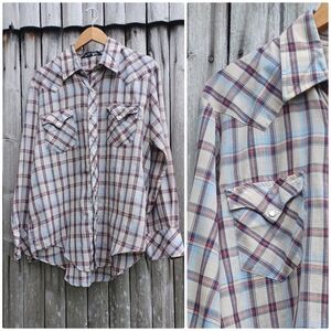 Vintage 70s New Castle Apparel beige blue pearl snap front western shirt mens L